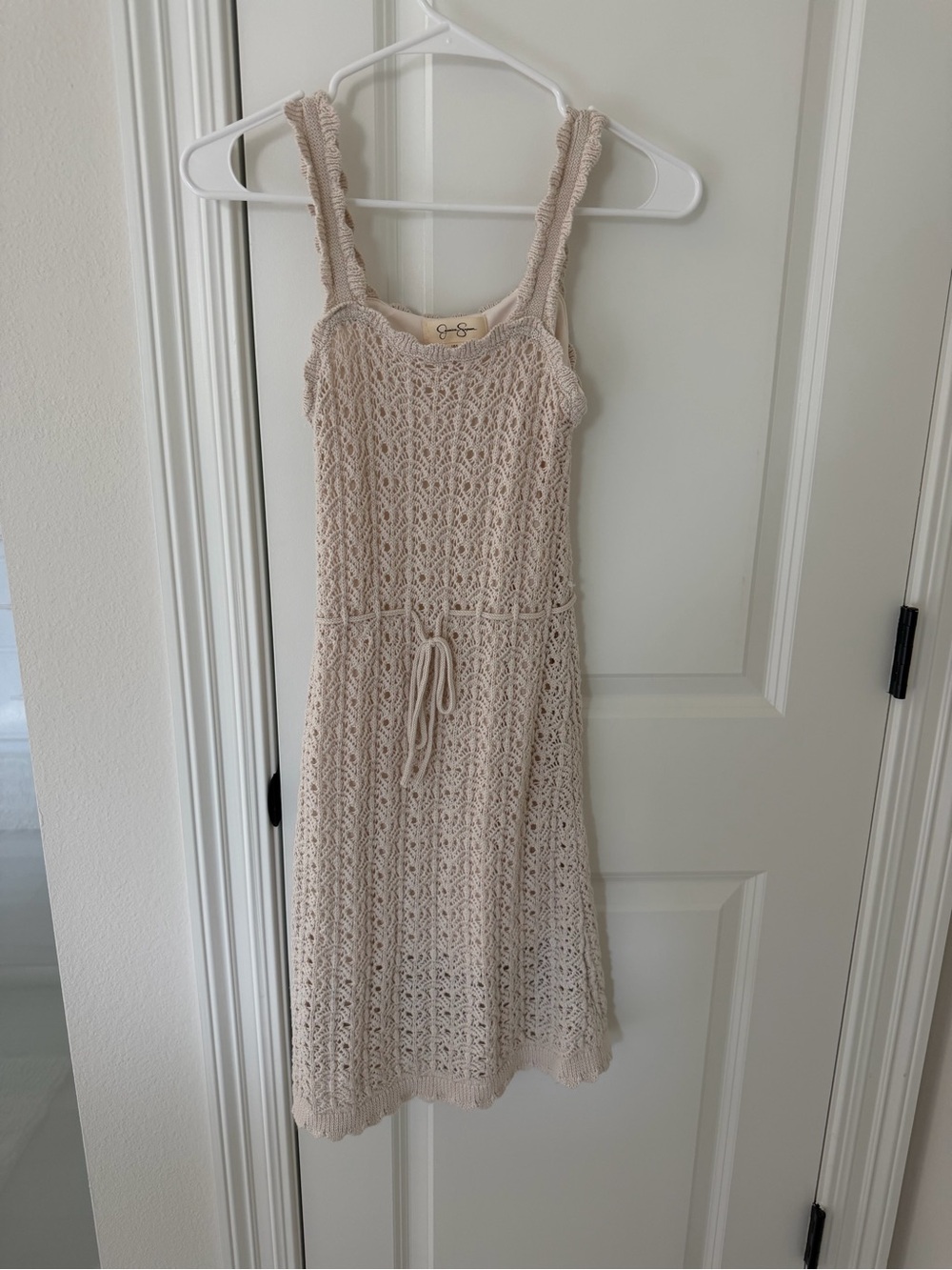 Jessica Simpson Neutral Crochet Midi Dress with Tie Waist